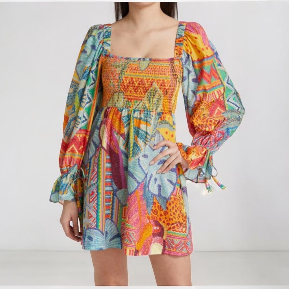 FARM RIO Summer Tapestry Smocked Minidress Size Large